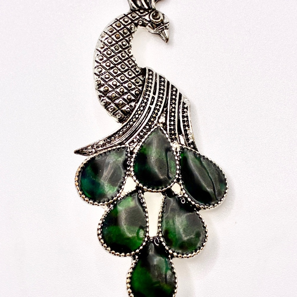 Vintage Peacock with Blue/Green Enamel On Eye Feathers in Silver Tone